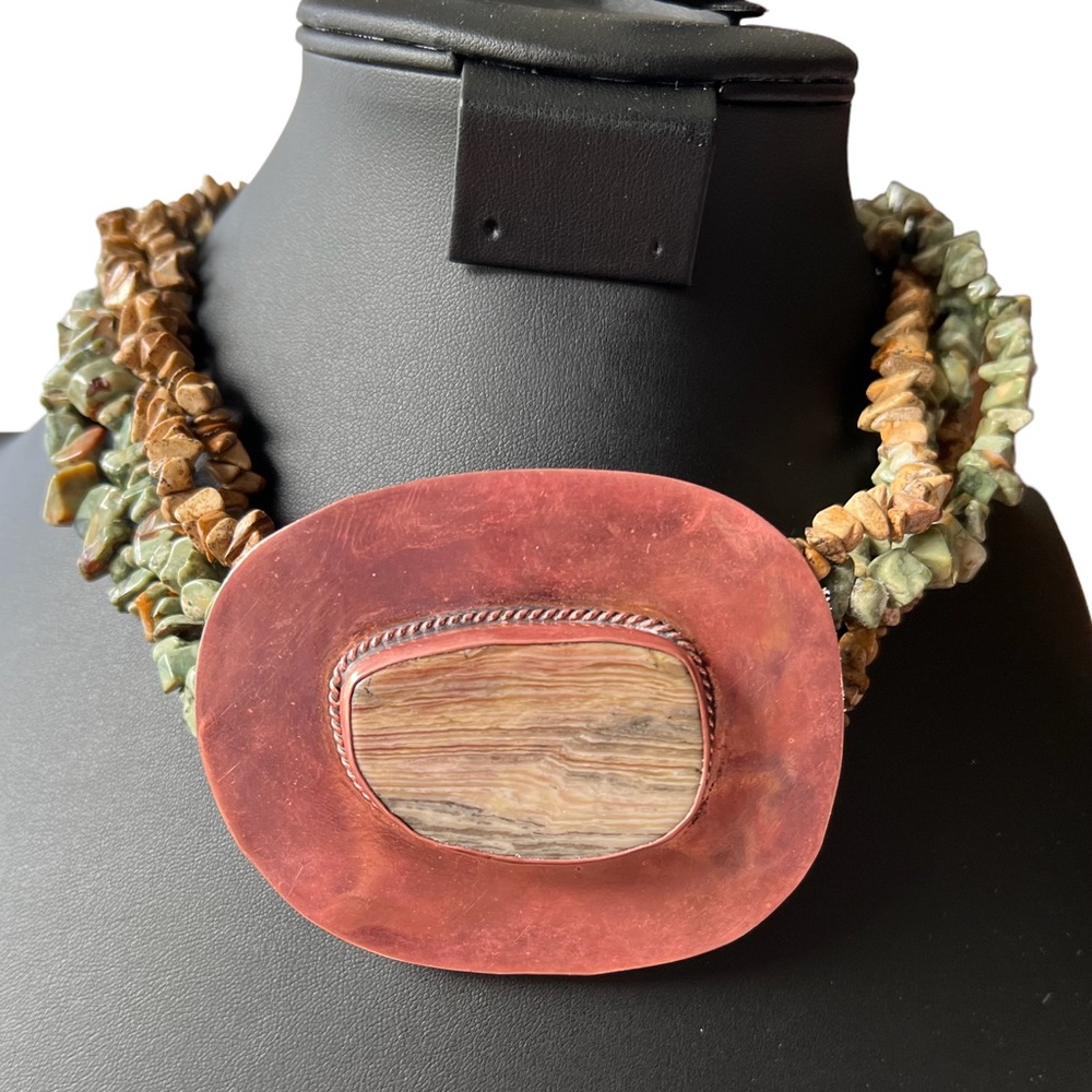 Vintage Stone & Copper Statement Necklace Chunky … - image 1